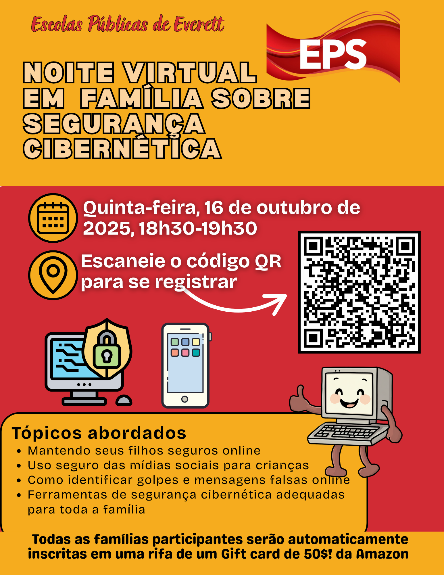 Noite Virtual em Família Sobre Segurança Cibernética com QR code.
