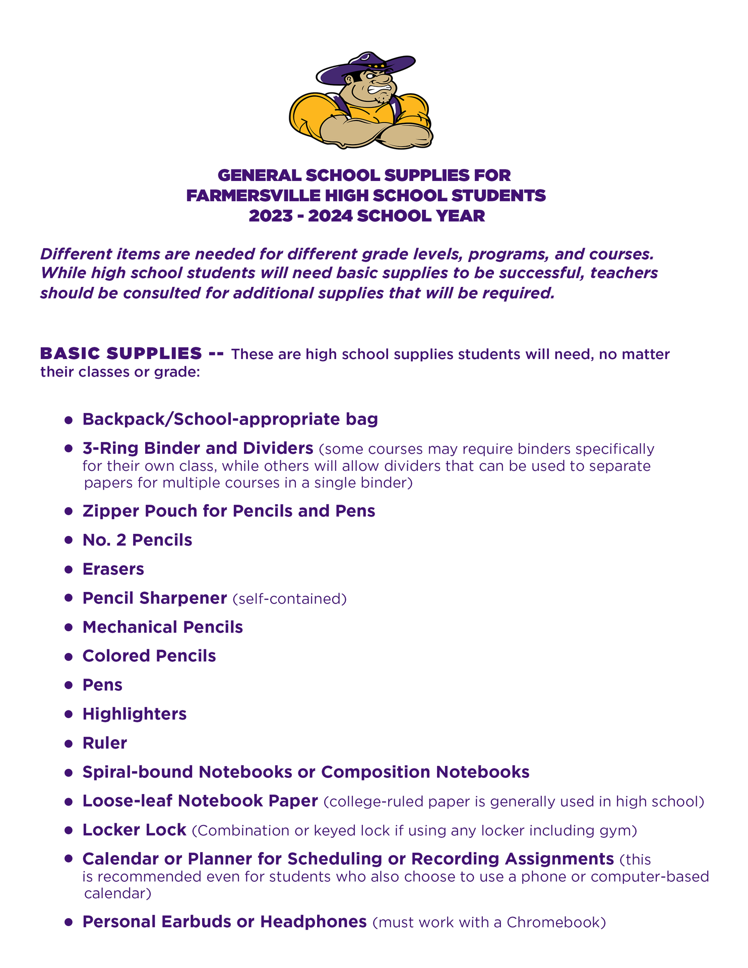 School Supply Lists for Farmersville ISD Parents & Students