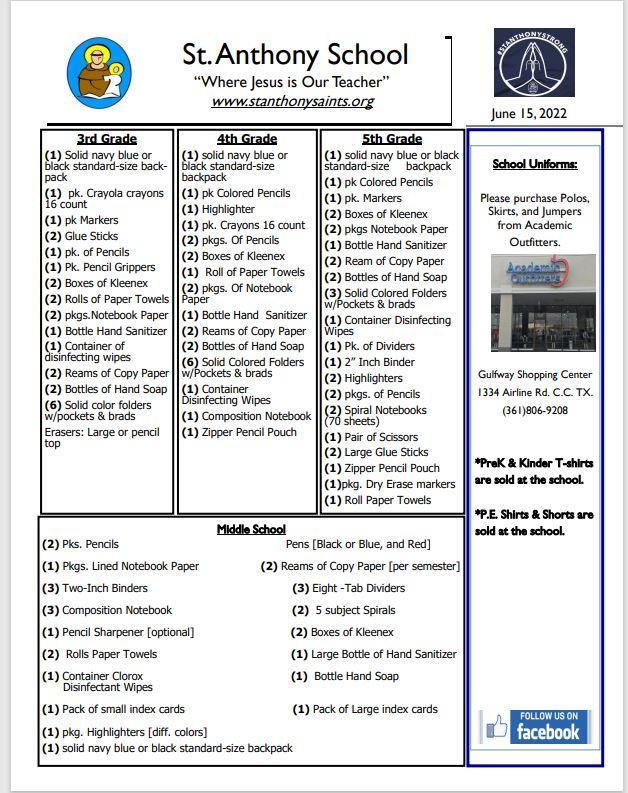 2022-2023 School Supply List 3rd-8th Featured Photo