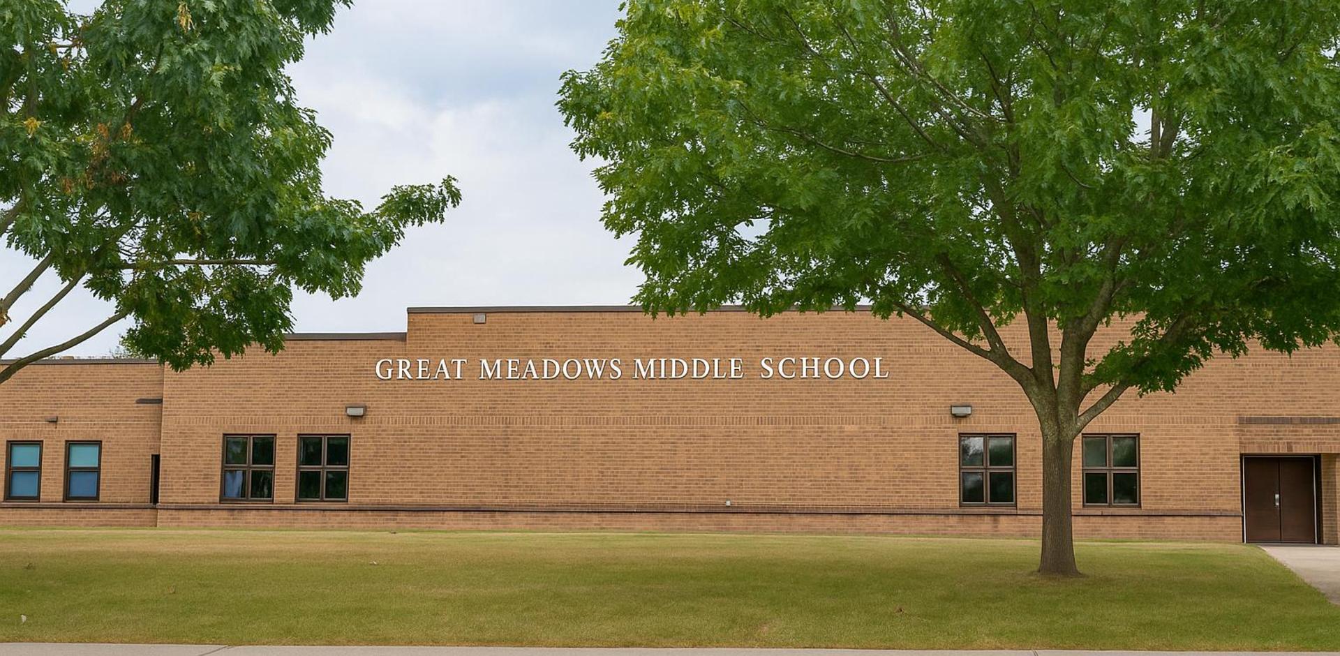 Exterior view of Great Meadows Middle School with greenery and a cloudy sky.