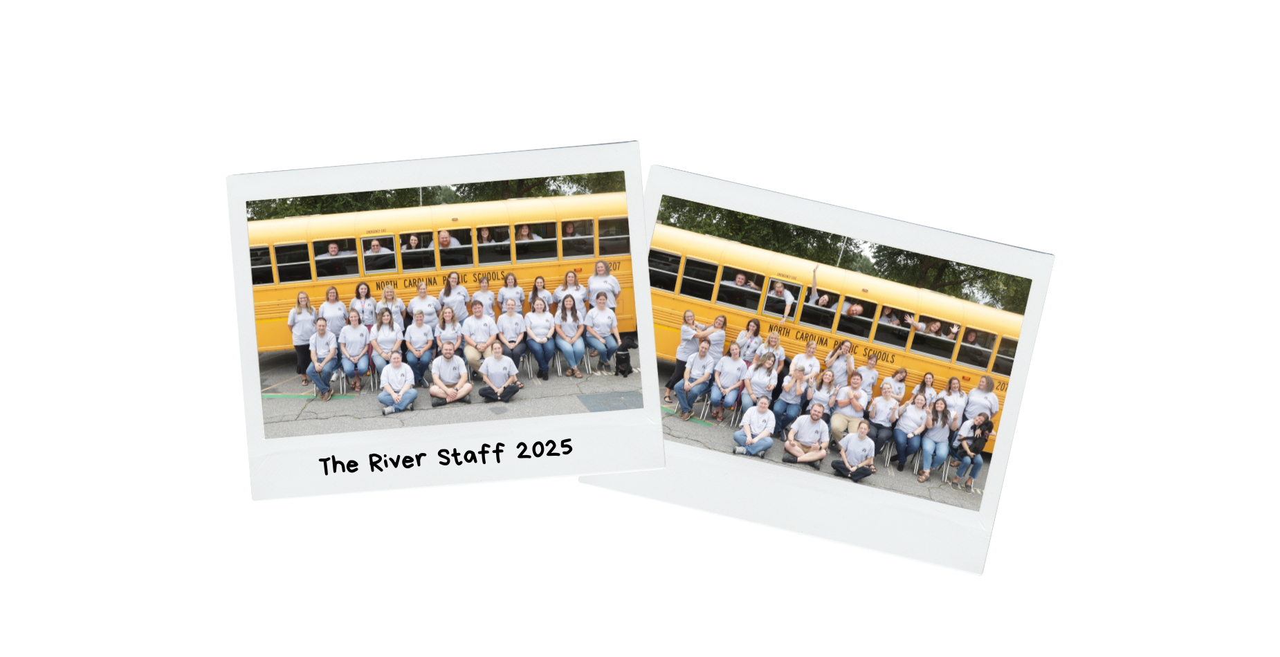 Group photo of The River Staff 2025 in front of a yellow school bus.