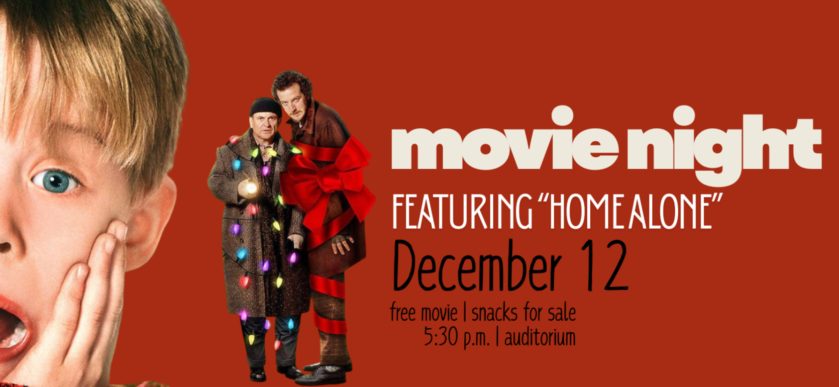 A promotional graphic for a movie night event featuring 'Home Alone', with colorful characters.
