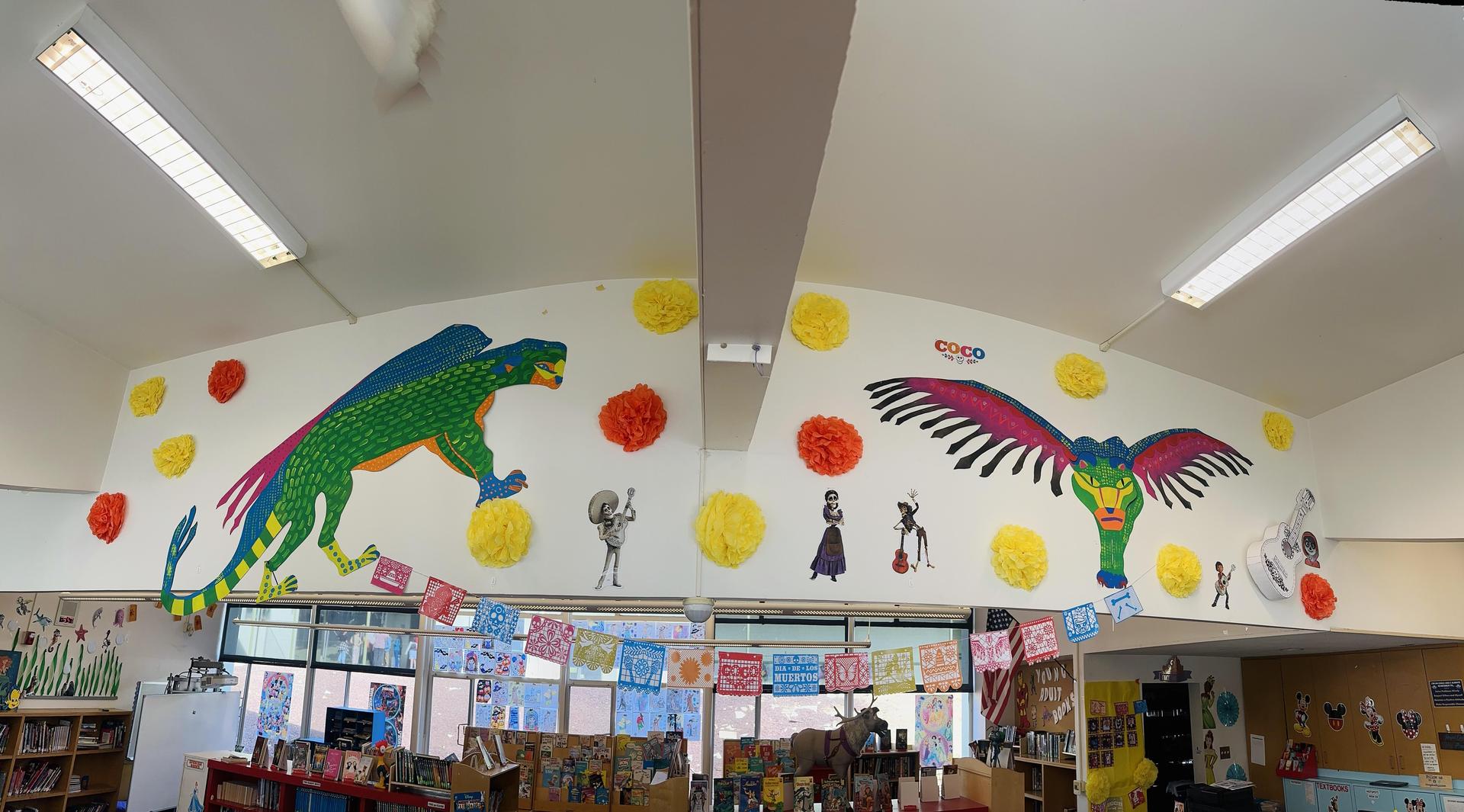 library - posters of animals on the walls