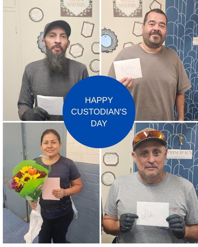 The image shows a post from an account named Barfield@pusd.org on the social media platform X (formerly Twitter). The post is from October 3, 2025, and it celebrates "Happy Custodian's Day" with a photo of four staff members. The account is identified as the official account for Barfield Elementary, part of the Pomona Unified School District. The post thanks the custodial staff and tags the main Pomona Unified account.