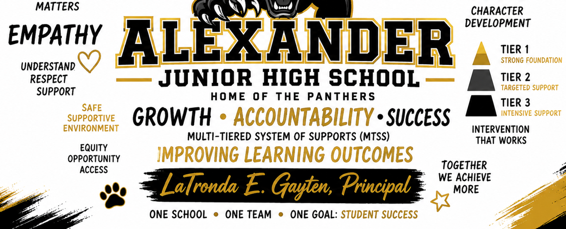 A graphic highlighting values and goals of Alexander Junior High School.