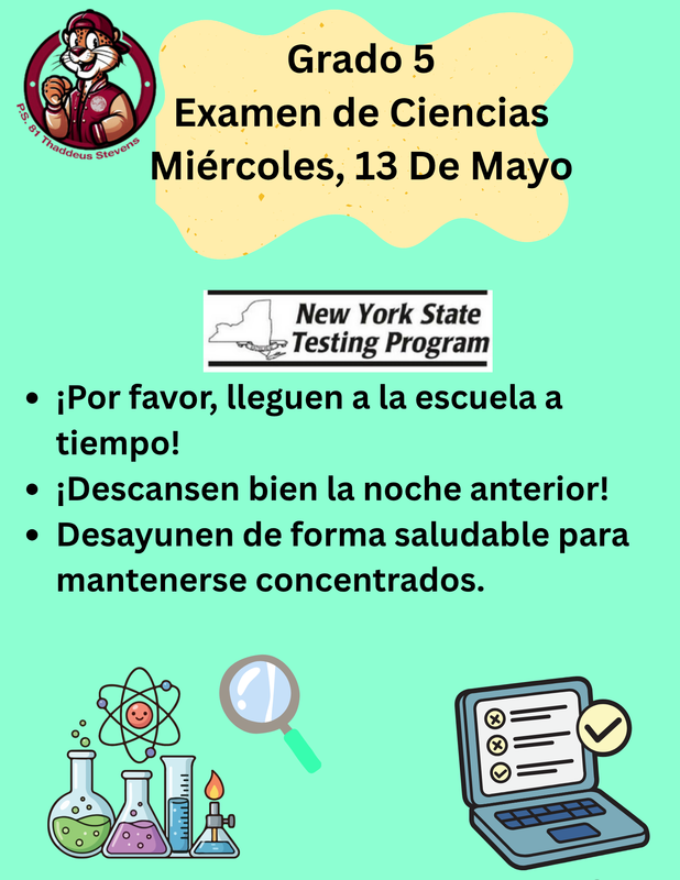 Science State Test 5th Grade. Wednesday, May 13th - SPanish