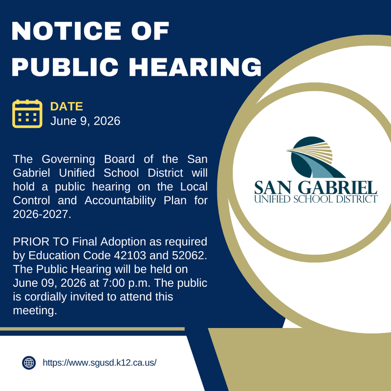 Announcement for a public hearing by San Gabriel Unified School District.