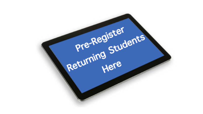 A tablet with the words pre-register current students here.