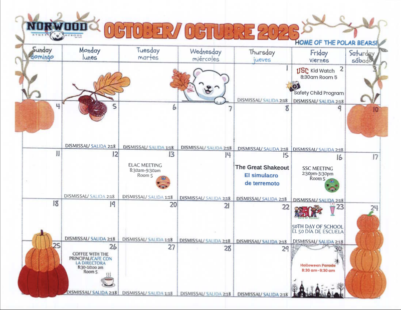 October 2026 Calendar/calendario de octubre 2026 Featured Photo