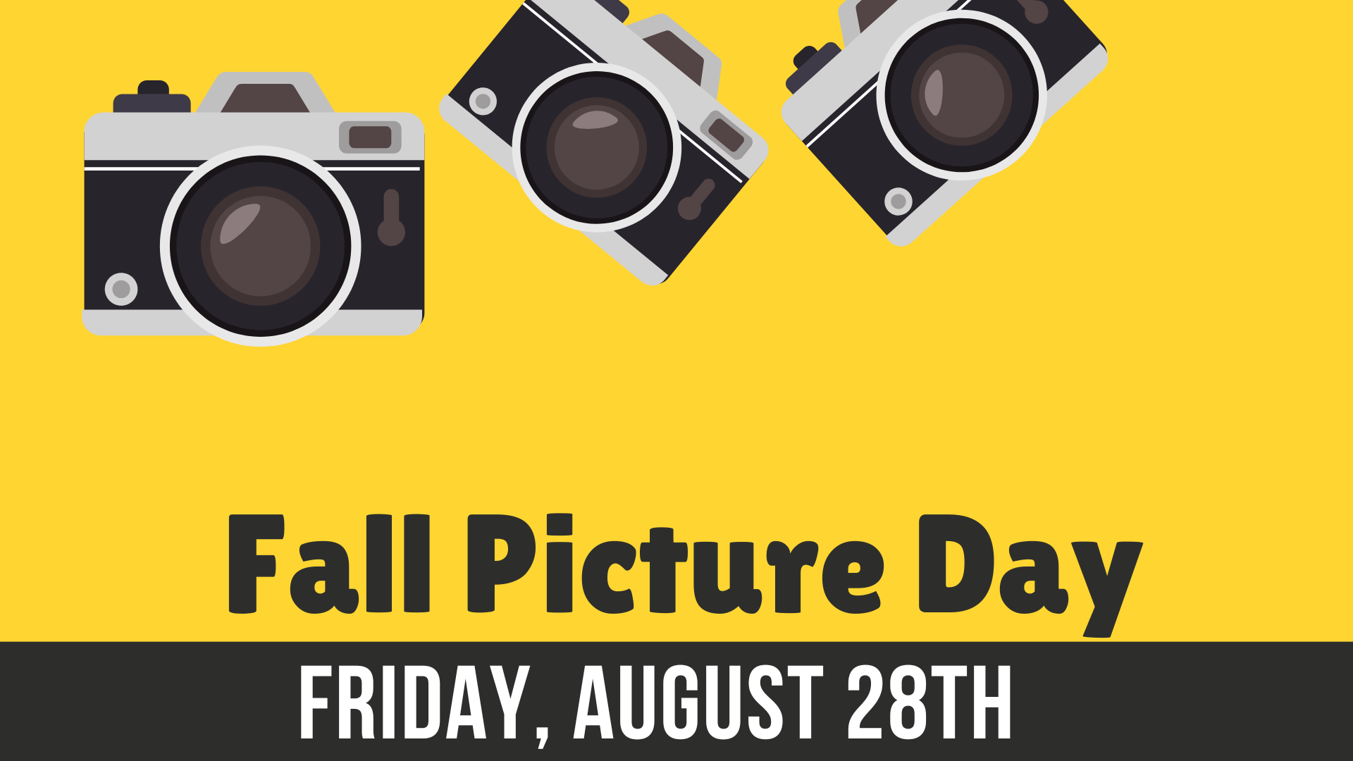 Three cartoon cameras on a yellow background with text about Fall Picture Day.