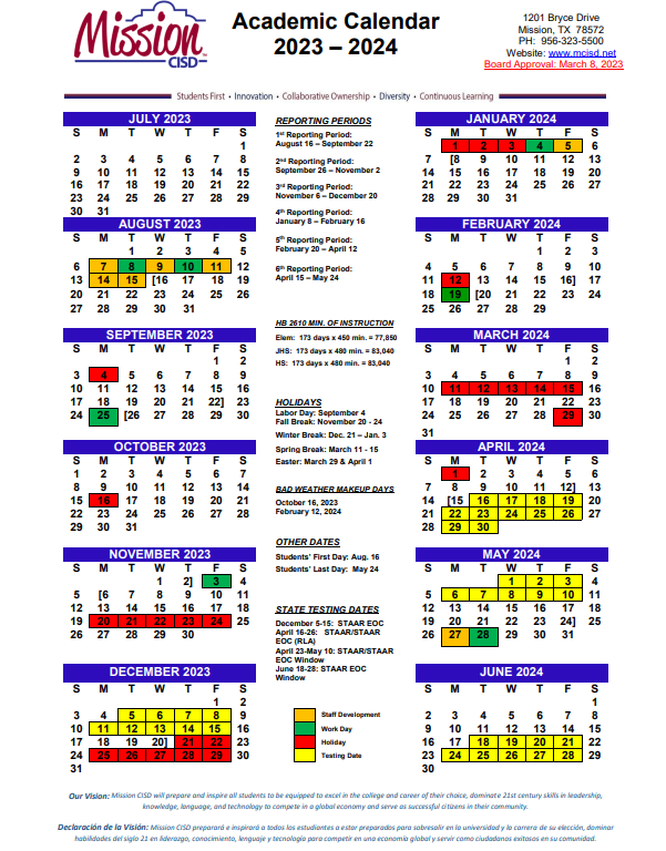 Mission CISD School Calendar 2023 2024 Bryan Elementary School