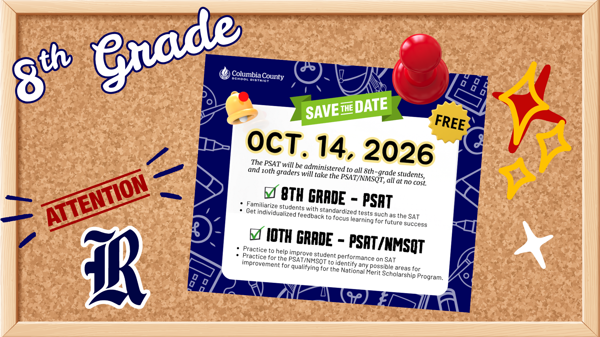 Announcement for PSAT on October 14, 2026, for 8th and 10th graders.