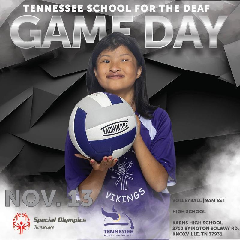 A female volleyball player that is holding the ball and posting for a game day flyer