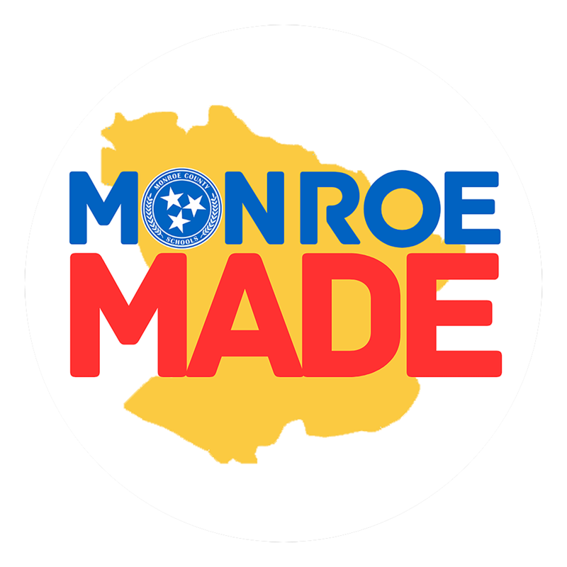 Text of Monroe Made layered over the shape of Monroe County