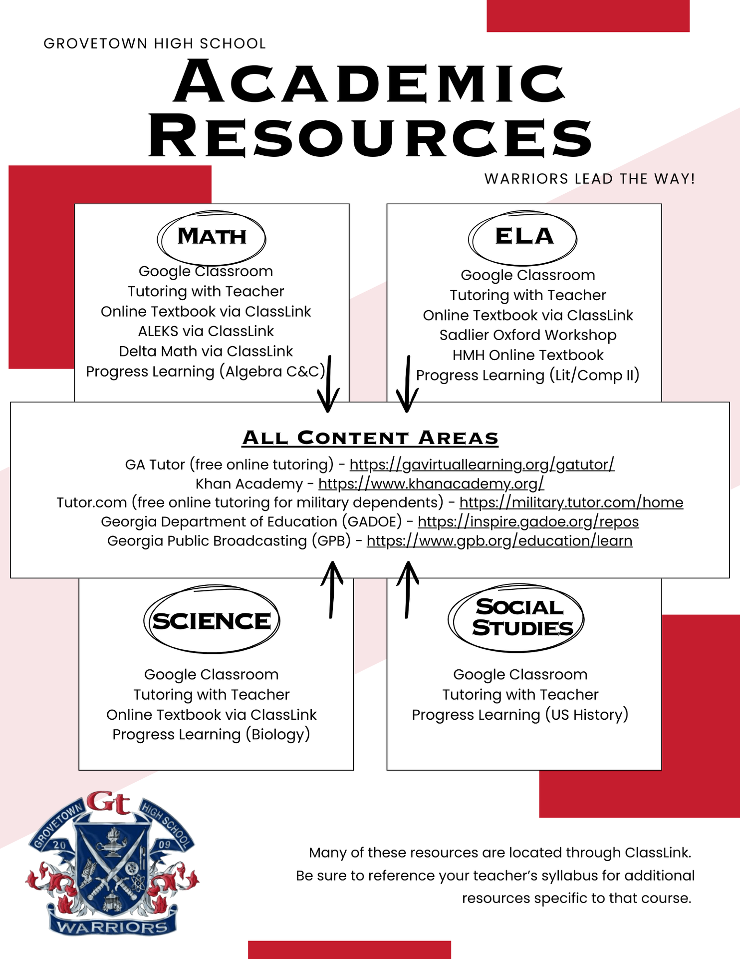 Academic resources with links for tutoring, textbooks, and online learning tools.