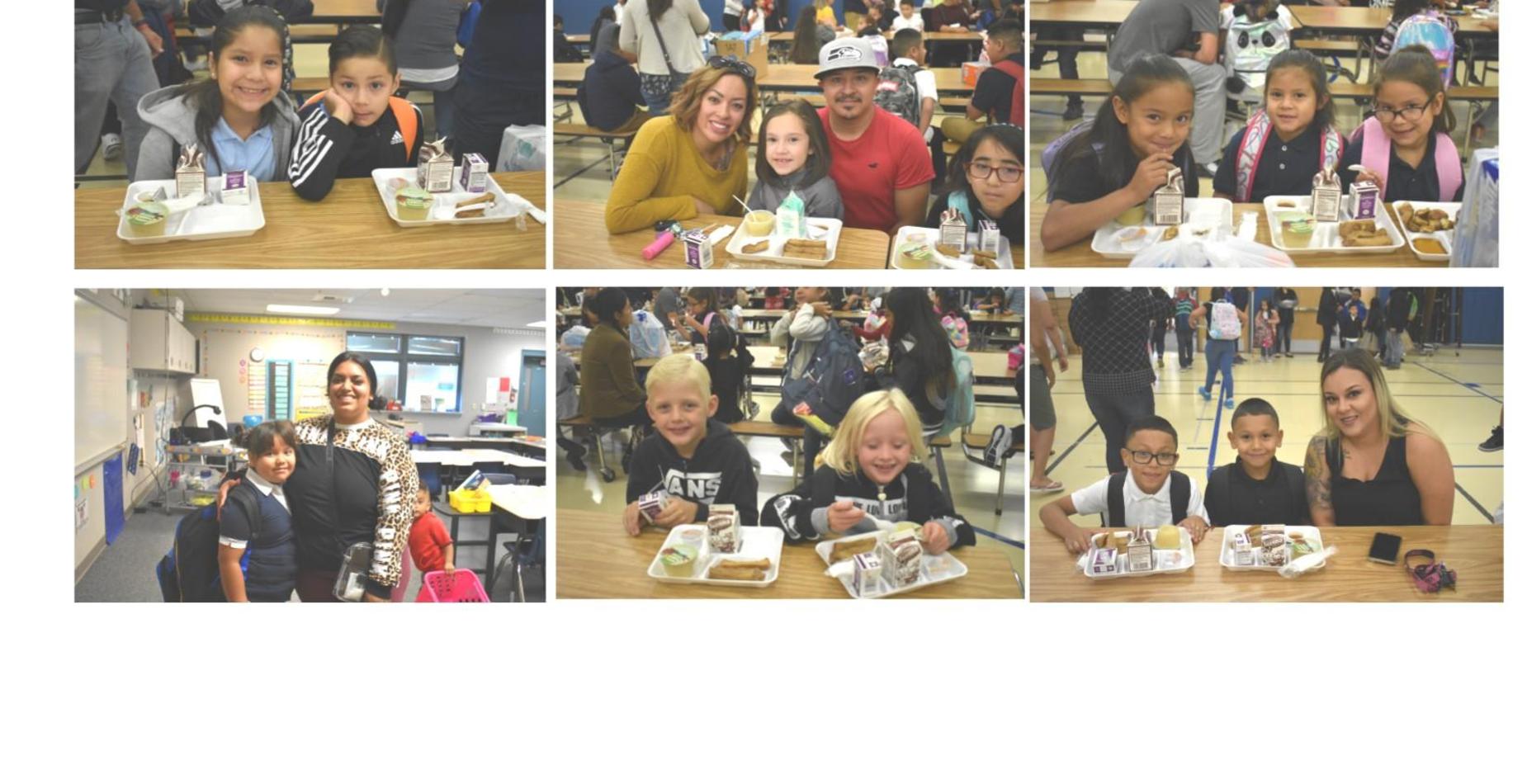 First day of school. Kids eating breakfast with their parents. Everyone is smiling!