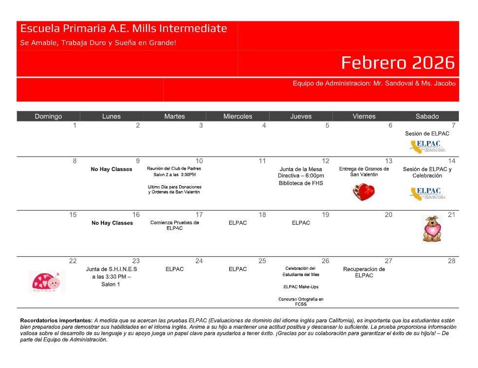 Feb. Calendar Spanish