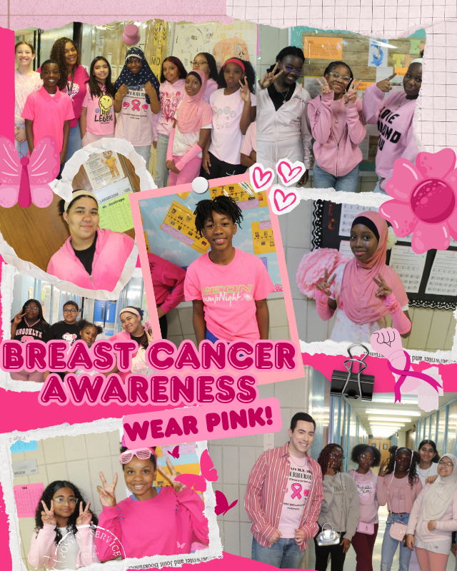 Participants in pink outfits promoting Breast Cancer Awareness with festive decor.