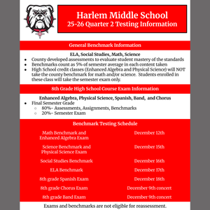 Harlem Middle School's Quarter 2 testing information with exam details and schedule. 