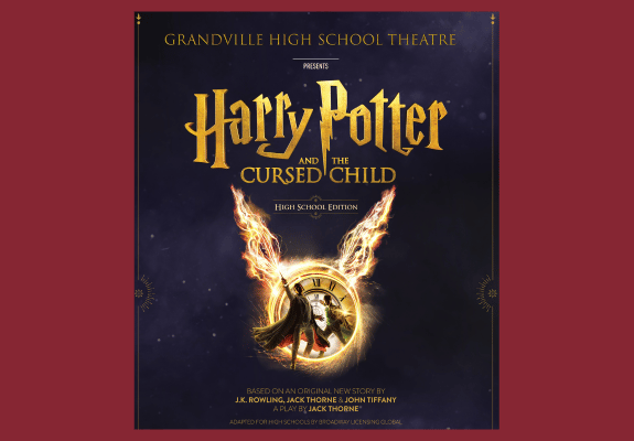 Play poster showing an image of Harry Potter with his cape and wand and lightning-like effects