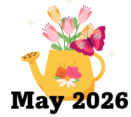 pitcher of flowers with the word May 2026 written along its base