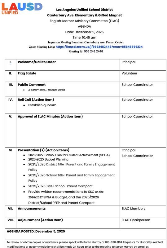 ELAC Meeting December 9, 2025, 10:45 am