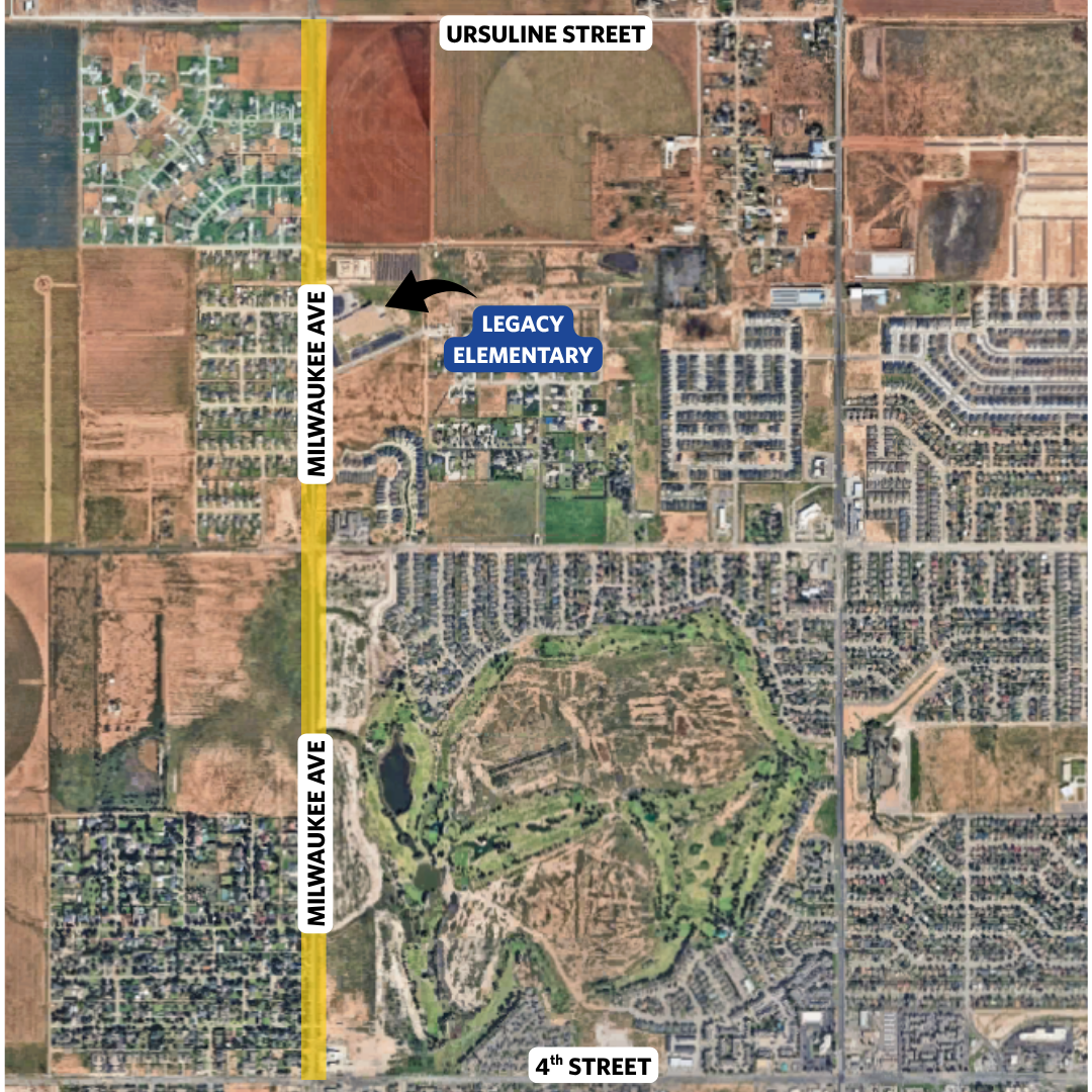 City of Lubbock is widening lanes from 4th to Ursline off of Milwaukee Ave. This is projected to impact Legacy Elementary traffic through the 2026-2027 school year.