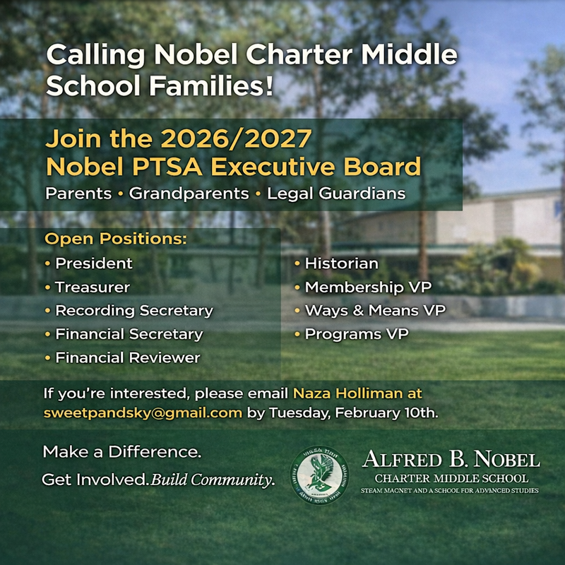 Applications for 2026-2027 Nobel PTSA’s Executive Board positions now open. Featured Photo