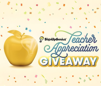 SignUp Genius Teacher Appreciation Giveaway with gold apple and confetti on a cream background