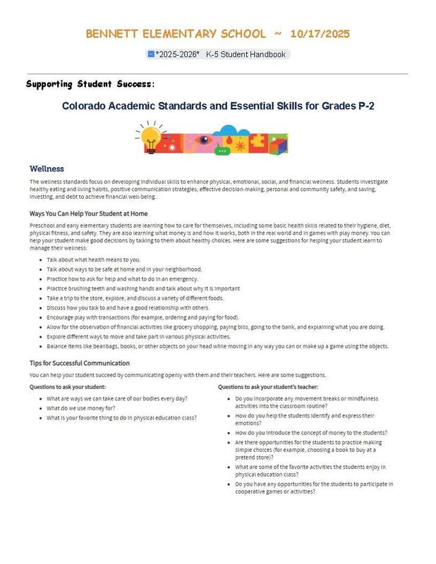 A student handbook for Bennett Elementary detailing academic standards and wellness.