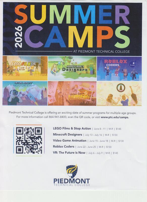 Summer Camps at Piedmont Technical College call for more information 864-941-8400