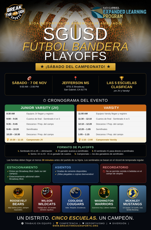 Black flyer describing the SGUSD Flag Football playoffs at Jefferson Middle School on 11/7/2026 in Spanish.