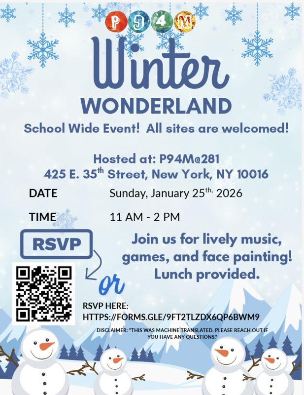 English- Light blue background with snow man on bottom and snowflakes throughout