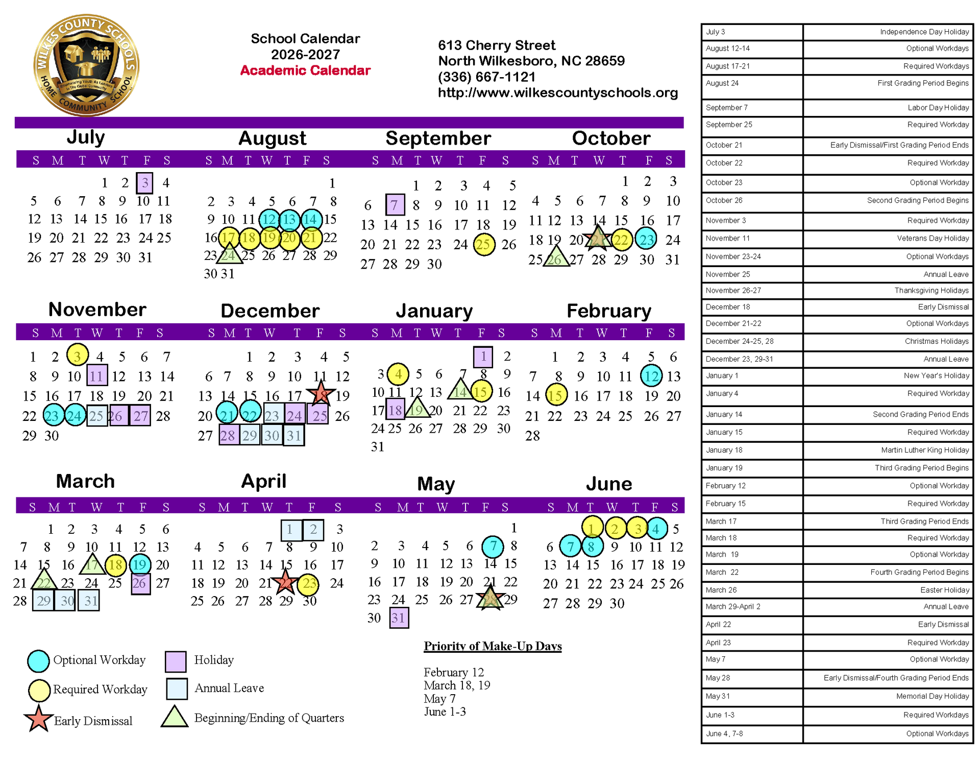 2026-2027 WCS Academic Calendar. Fully accessible text version is provided below.