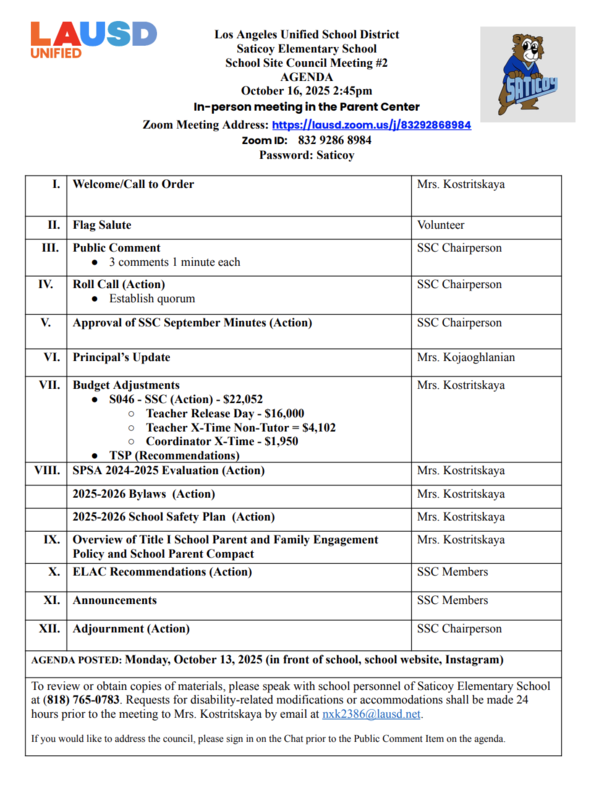SSC October Agenda