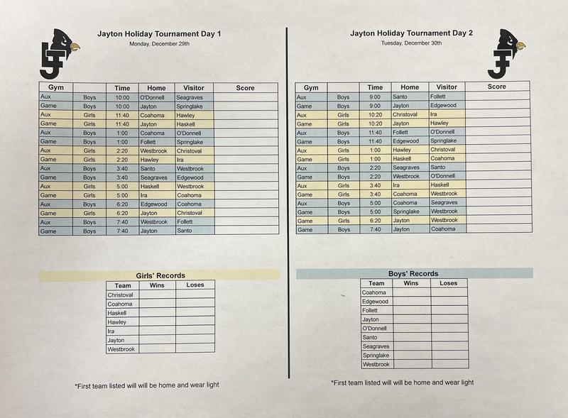 Jayton HS Holiday Basketball Tournament Brackets