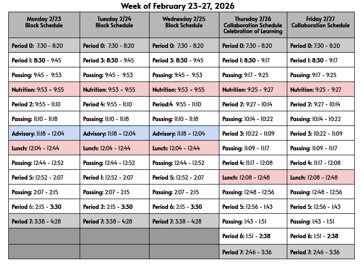 Bell Schedule week of 2/23