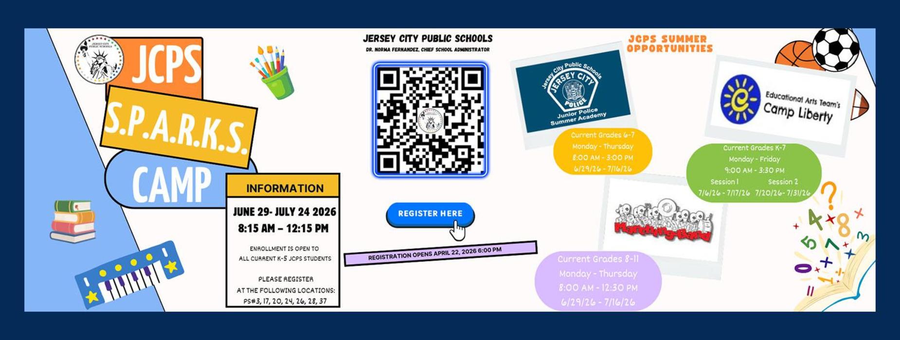 Banner promoting JCPS S.P.A.R.K.s Camp with schedule and QR code.