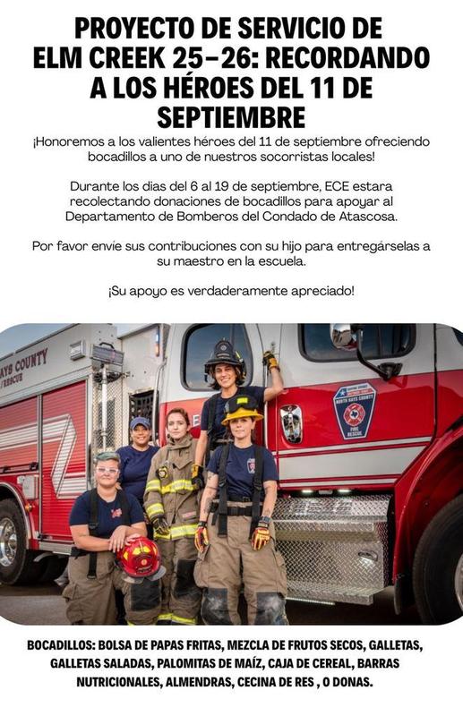 Five fire fighters standing in front of red fire truck wearing brown pants and navy shirts; black text on white background; Spanish text