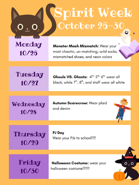 Spirit week details daily themes for oct 26-30