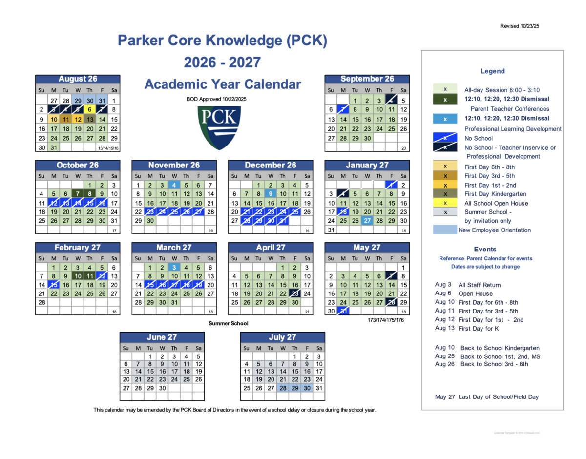 Parker Core Knowledge 2026-27 Academic Calendar