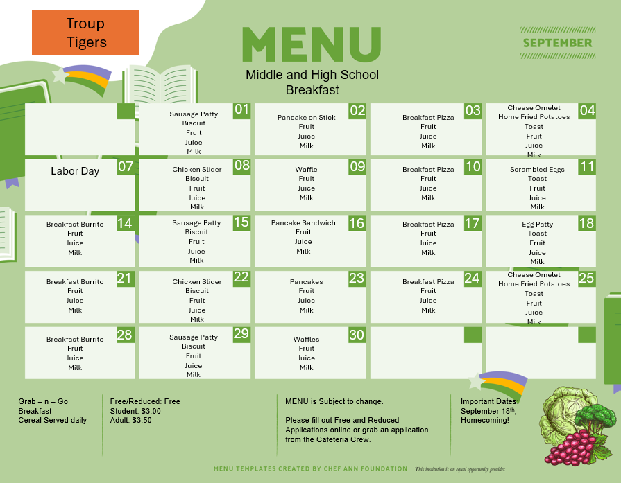HS & MS breakfast menu
