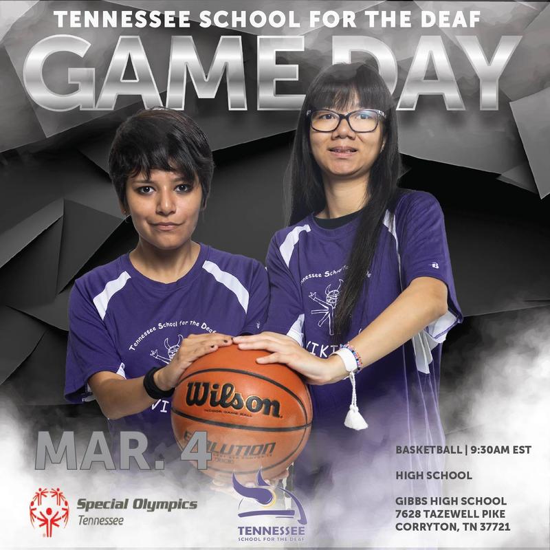 Two girls in purple jerseys holding a basketball, promoting Game Day event.