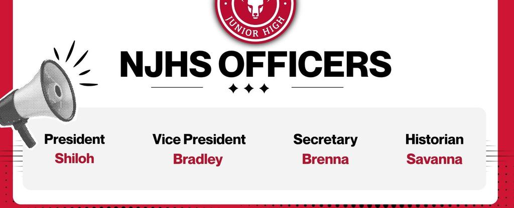 NJHS officers list with positions and names for Shiloh, Bradley, Brenna, and Savanna.