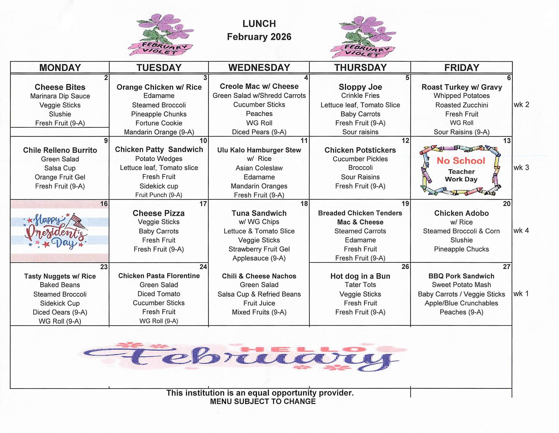 February - Lunch Menus
