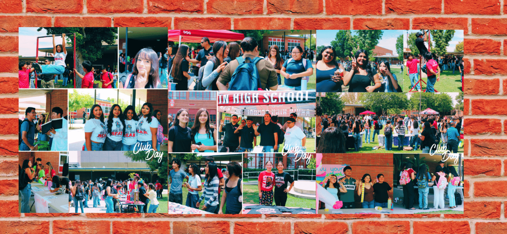 Collage of a school event with students enjoying activities and socializing.