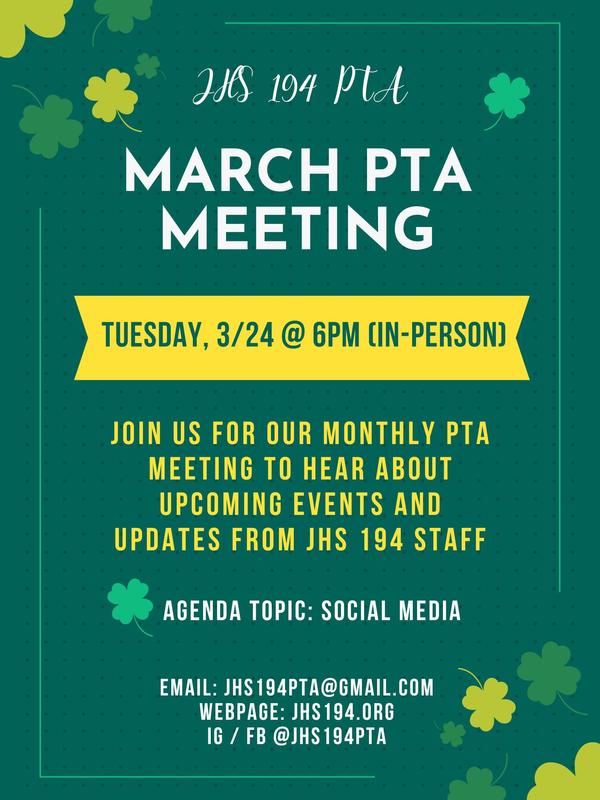 March PTA Meeting 3/24 @ 6PM Auditorium