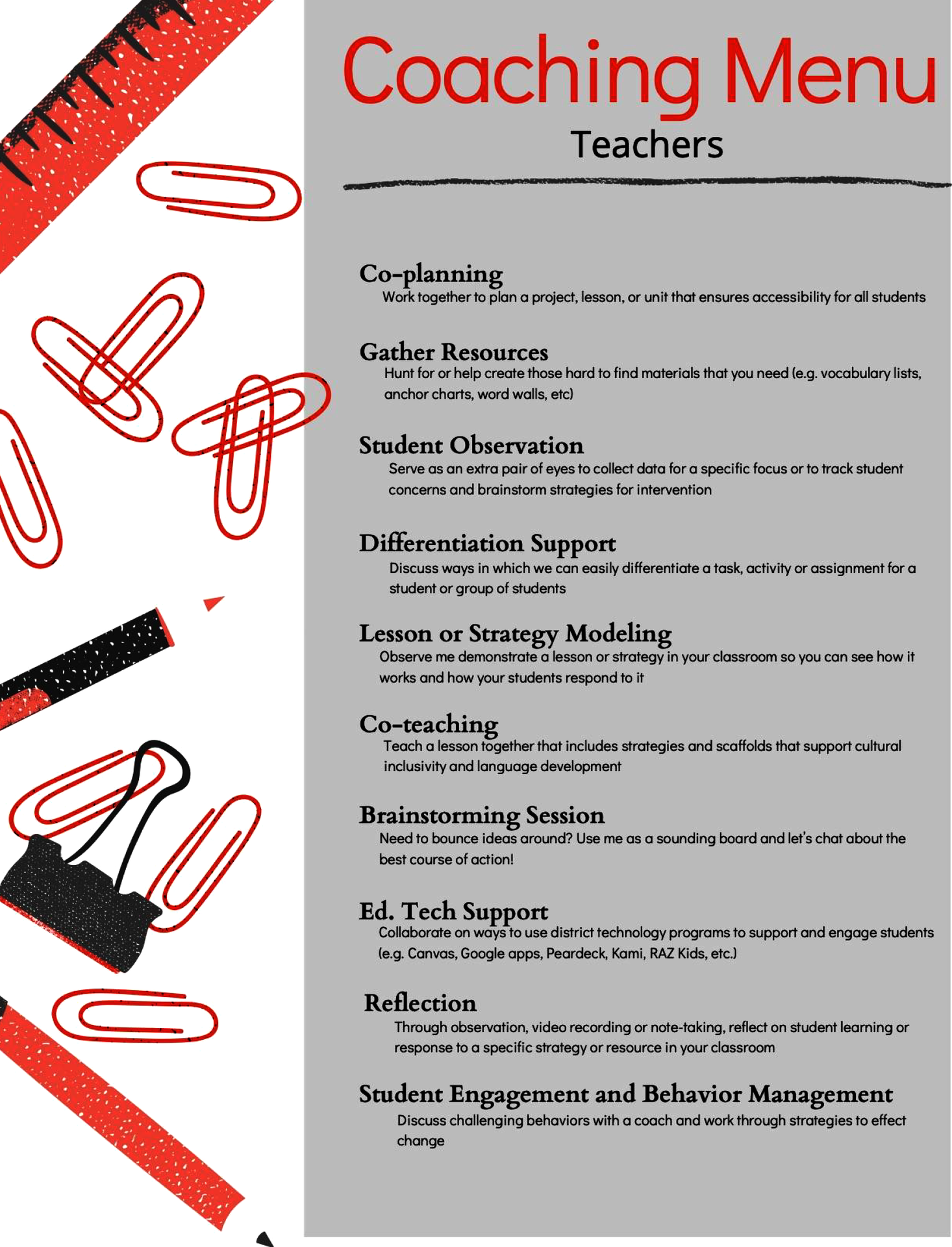 Clip art of office supplies, mostly paperclips and rulers, forming the left edge of a flyer