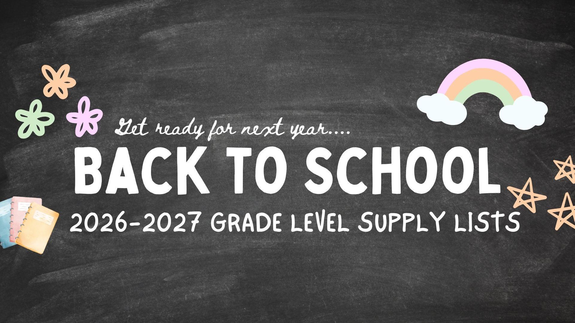 Chalkboard background with text about back to school and colorful icons.