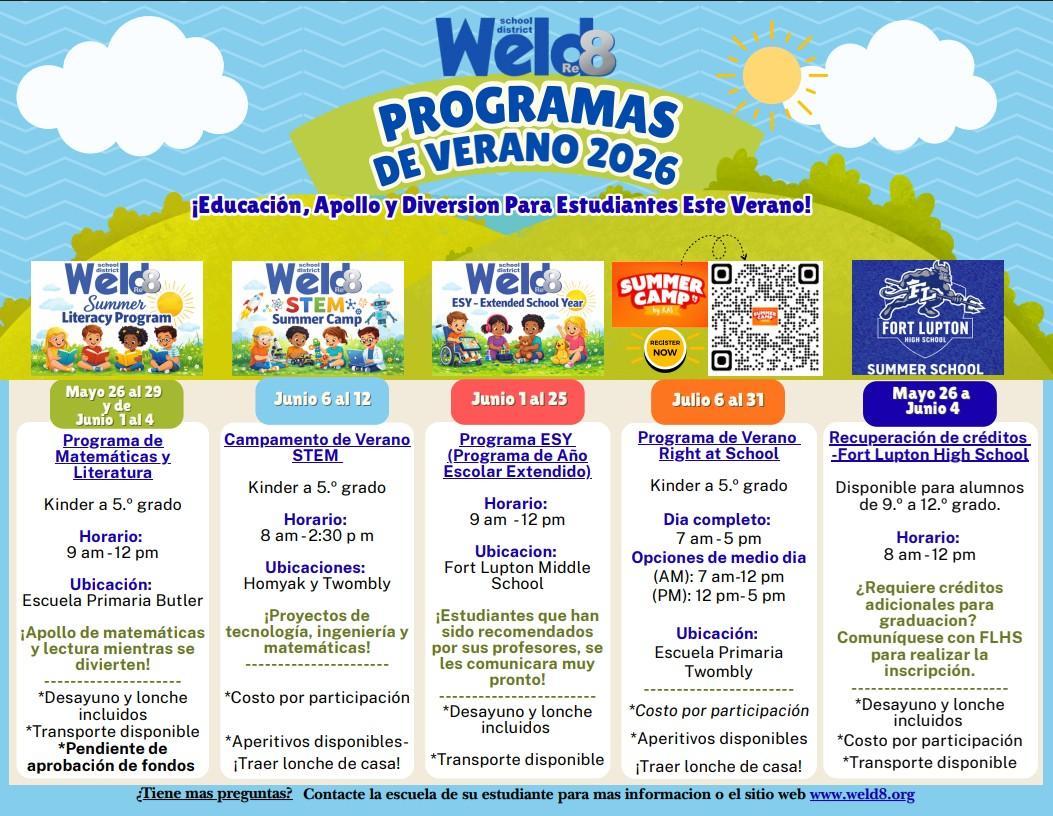 Weld Re-8 Summer Programming Flyer in Spanish
